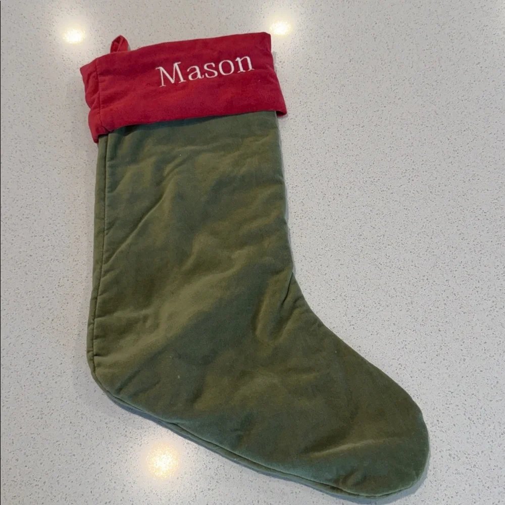 Pottery Barn NWT Velvet Large Stocking Embroidered with “MASON” in Red and Green
